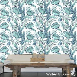 Exotic Blue & Green Palm Leaves Wallpaper