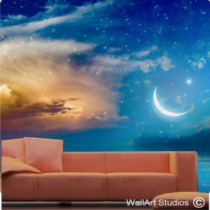 Crescent Moon, Stars & Clouds above Serene Sea